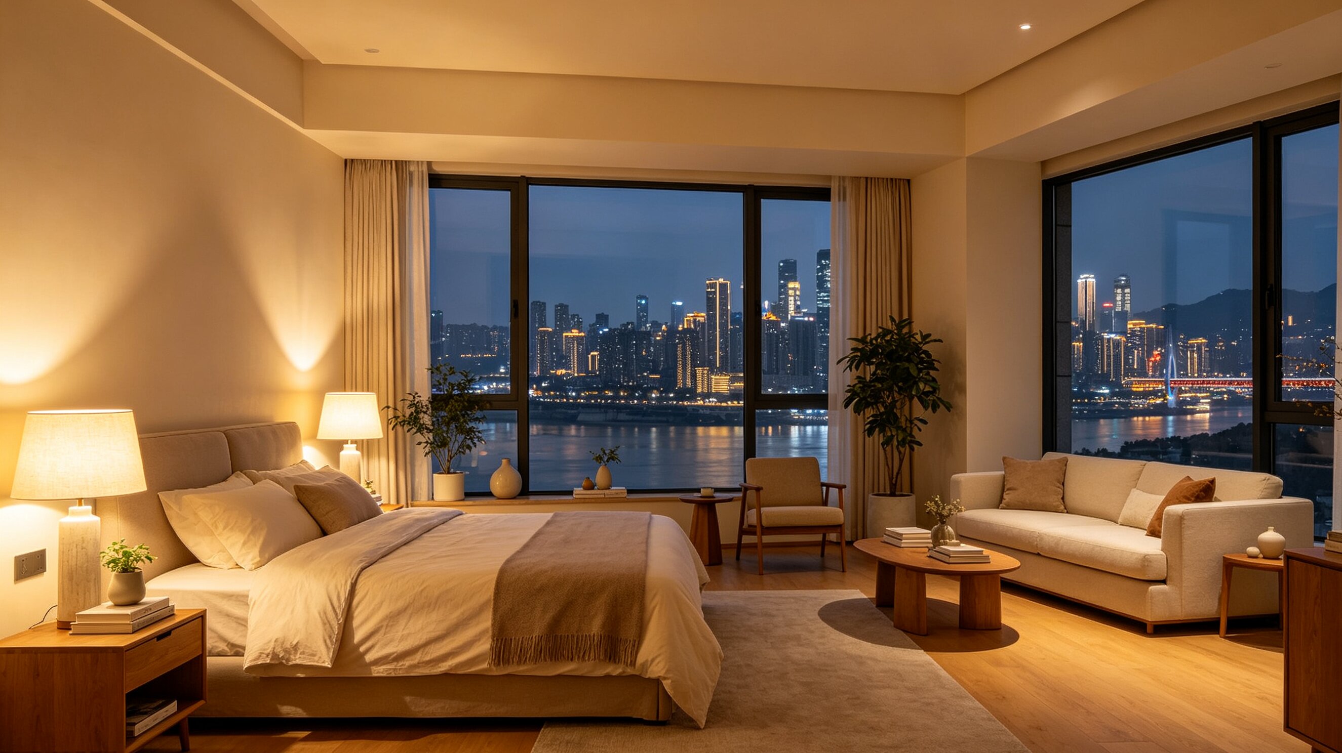 Scenic view of Sanya bay with turquoise water, tropical palms and relaxed beach atmosphere